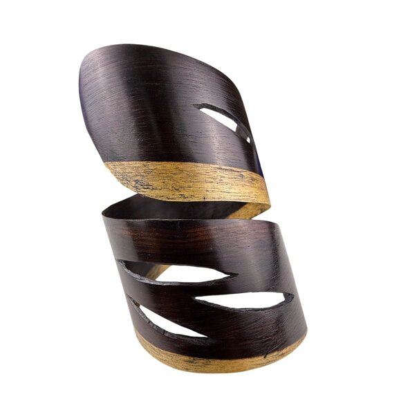 Handcrafted Vintage Dark Wood & Gold Tone Open Cuff Bracelet Adjustable Boho Des - Picture 1 of 4